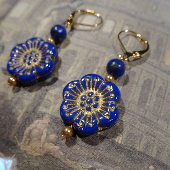 Handcrafted artisanal earrings with whimsical Czech windflowers in 12 colors - Picture 10 of 17